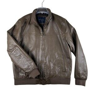 Tommy Hilfiger Jacket Mens XL Brown Faux Leather Bomber Quilted Zip Lined